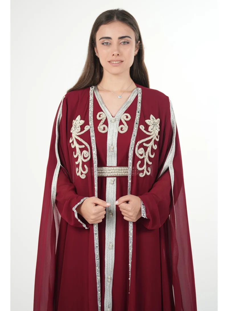 AL BENT AL SHARQIEH burgundy embroidered chiffon kaftan dress for Women | Best Price UAE