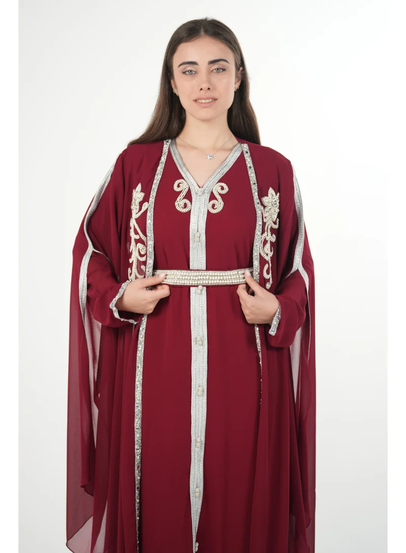 AL BENT AL SHARQIEH burgundy embroidered chiffon kaftan dress for Women | Best Price UAE