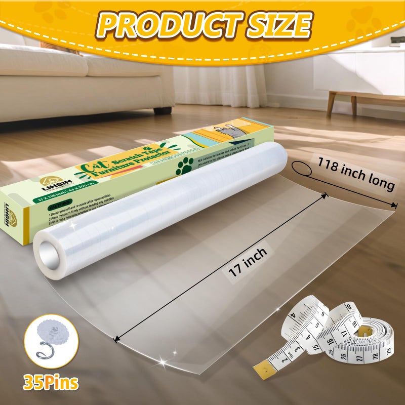 LIHBIH Anti Cat Scratch Furniture Protector, 17" x 118" Self-Adhesive Couch Protector for Cat Claws, Heavy Duty Couch Cover Furniture Protectors from Cats Scratching Tape for Sofa, Corner, Door, Chair - Image 2