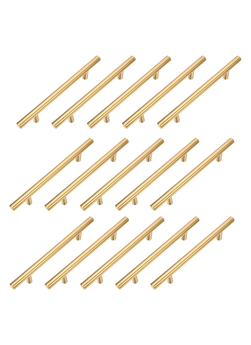 FIRST PRO 15 Pack Kitchen Cabinet Handles, 200mm Golden Brass Brushed Kitchen Door Handles, 128mm Hole Center T Bar Drawer Cupboard Handles with Screws, Kitchen Drawer Pulls- Bathroom Bedroom Wardrobe  - Image 1