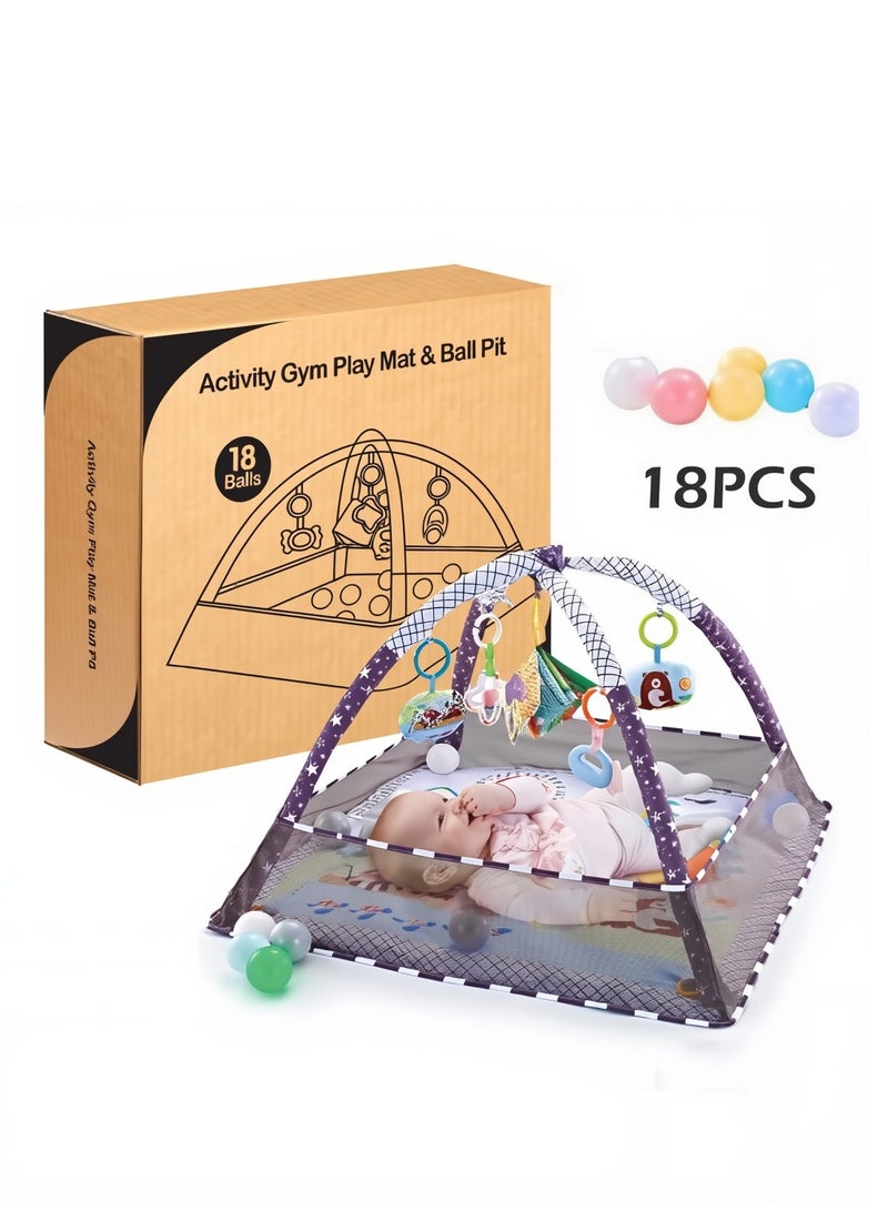 Ruinengda Baby Gym Play Mat, Tummy Time Play Mat with 5 Hanging Toys and 18 Ocean Balls for Sensory and Motor Skill Development, Non-Slip Washable Play Mat for Babies 0-36 Months - Image 1