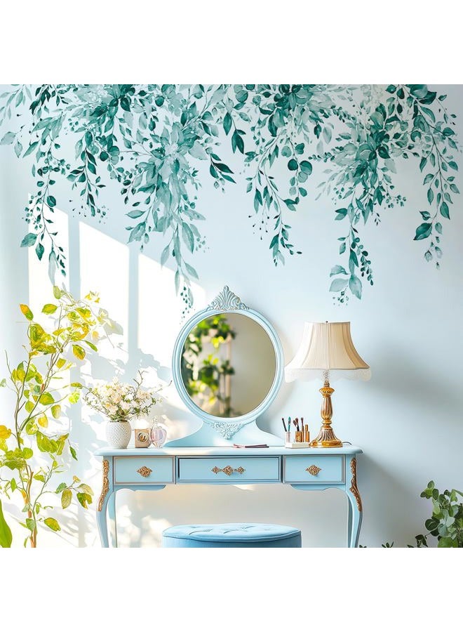 VePret Teal Plants Leaves Wall Decals Peel and Stick, Large Floral Flowers Vinyl Wall Stickers, Removable Vine Home Decor Art for Bedroom Living Room Classroom Office - Image 1