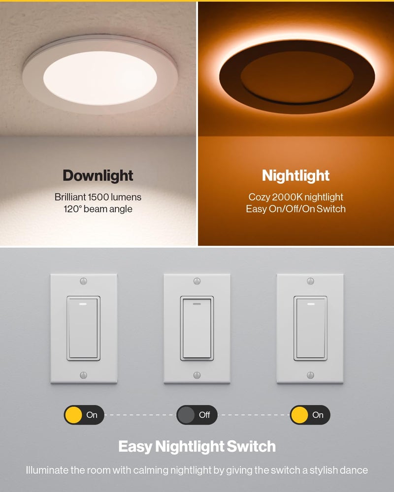 Sunco Lighting Sunco 24 Pack 6 Inch LED Recessed Light with Night Light, Canless Recessed Lighting, 1500 LM, 15W (150W Equivalent), Selectable CCT 2700K/3000K/4000K/5000K/6000K, Dimmable, with Junction Box - Image 2