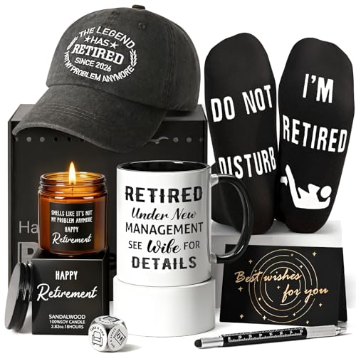 Cabtnca 8 Pcs Retirement Gifts for Men Funny Retirement Gift for Men 2026, for Coworker Dad Boss Grandpa Teachers, Includes Mug Hat Candle Socks Dice Pen Greeting Card, Retired Gifts for Man - Image 1