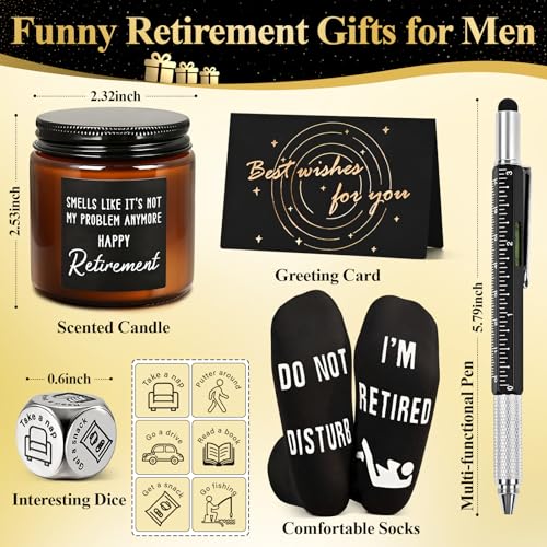 Cabtnca 8 Pcs Retirement Gifts for Men Funny Retirement Gift for Men 2026, for Coworker Dad Boss Grandpa Teachers, Includes Mug Hat Candle Socks Dice Pen Greeting Card, Retired Gifts for Man - Image 3