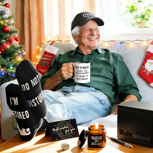 Cabtnca 8 Pcs Retirement Gifts for Men Funny Retirement Gift for Men 2026, for Coworker Dad Boss Grandpa Teachers, Includes Mug Hat Candle Socks Dice Pen Greeting Card, Retired Gifts for Man - Image 4
