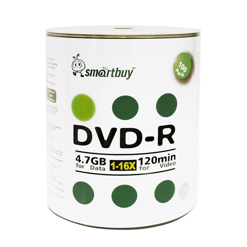 Smartbuy سمارت باي 100 حزمة أقراص DVD-R سعة 4.7 جيجابايت 16x فارغة لتسجيل البيانات والأفلام، 100 قرص 100 حزمة - Image 1