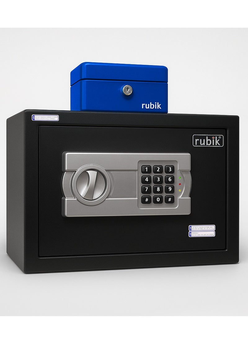 Rubik 2pcs A4 Documents Size Safe Box Digital Keypad and Key Lock + Cash Box, Security Locker Protect Cash Jewelry Passports for Home Office 6Kg (Size 25x35x25cm) Black/Blue  - Image 1