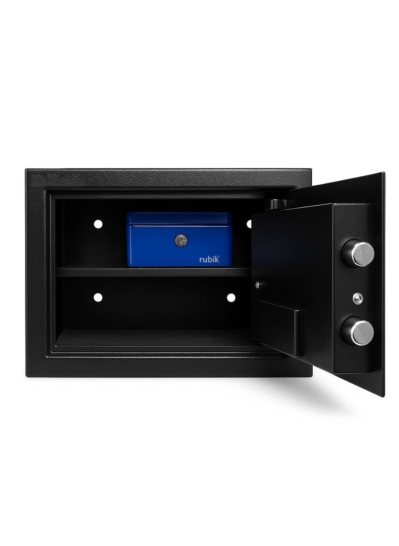 Rubik 2pcs A4 Documents Size Safe Box Digital Keypad and Key Lock + Cash Box, Security Locker Protect Cash Jewelry Passports for Home Office 6Kg (Size 25x35x25cm) Black/Blue  - Image 3