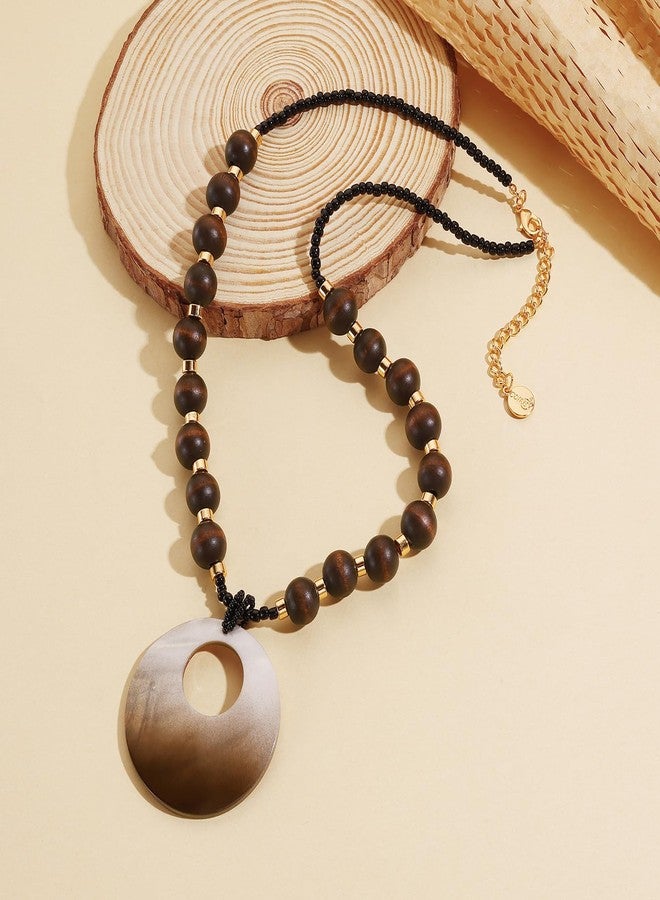 Coiris Shell Pendant Necklace for Women Long Natural Wood Beads Bohemian Handmade Chunky Jewelry for Women(N0147-Brown) - Image 4