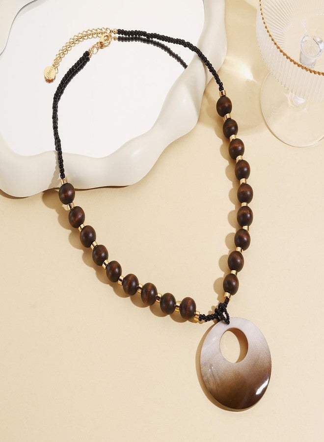 Coiris Shell Pendant Necklace for Women Long Natural Wood Beads Bohemian Handmade Chunky Jewelry for Women(N0147-Brown) - Image 2