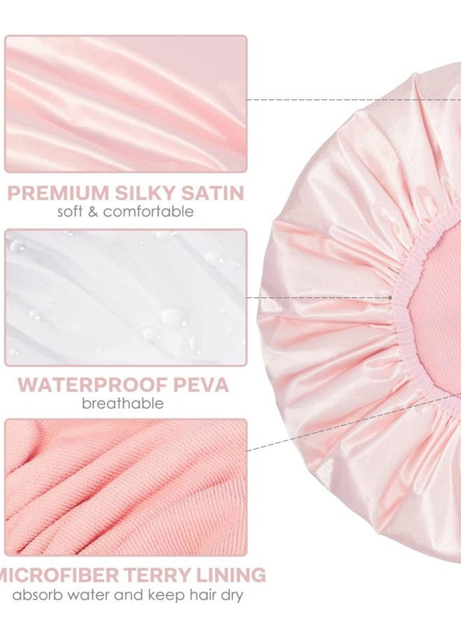 Aquior Shower Cap,Triple Layer Shower Cap for Women, Reusable Waterproof Bath Cap,Silky Satin Outer Layer Terry Lining, Extra Large for Women Long Hair(Pink) - Image 3