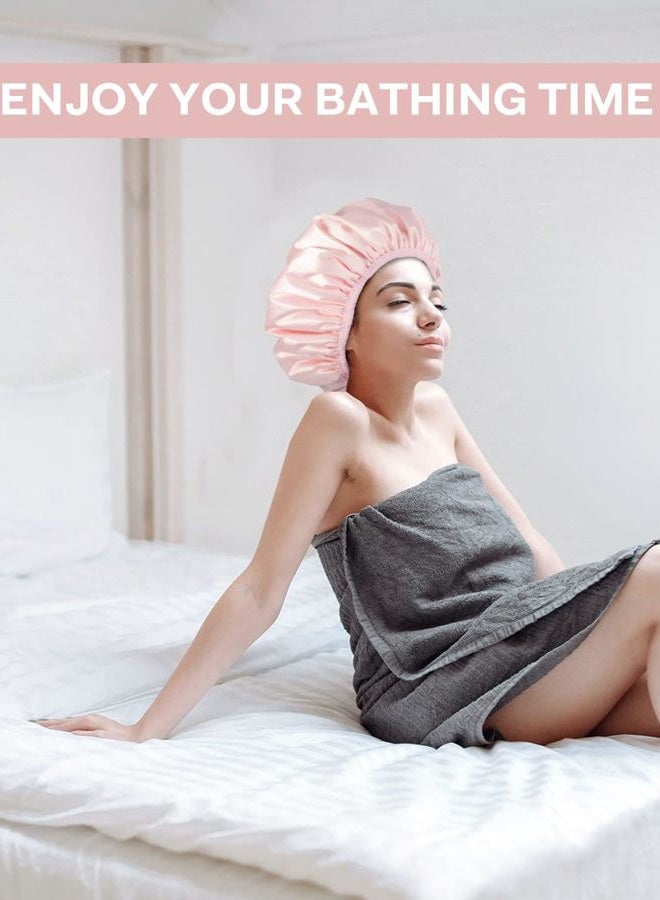 Aquior Shower Cap,Triple Layer Shower Cap for Women, Reusable Waterproof Bath Cap,Silky Satin Outer Layer Terry Lining, Extra Large for Women Long Hair(Pink) - Image 5