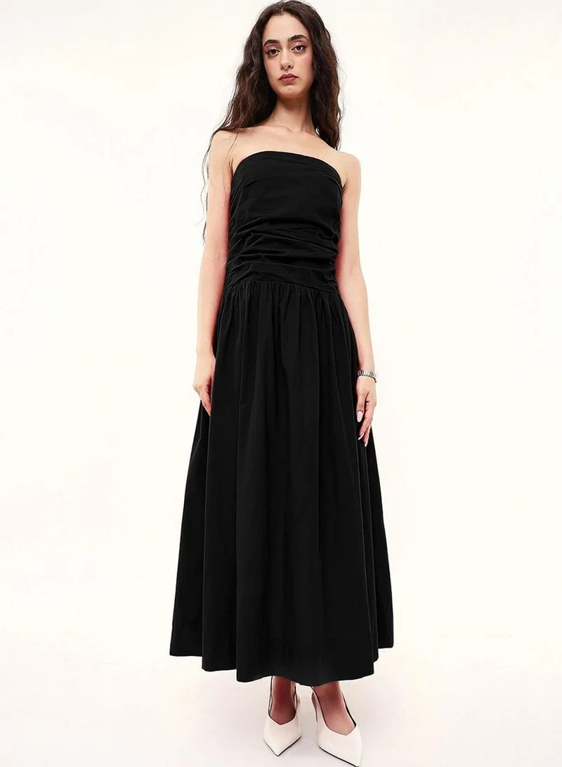 Dennis Lingo Women Black 100% Cotton Solid Midi Shift Fit And Flared Dress