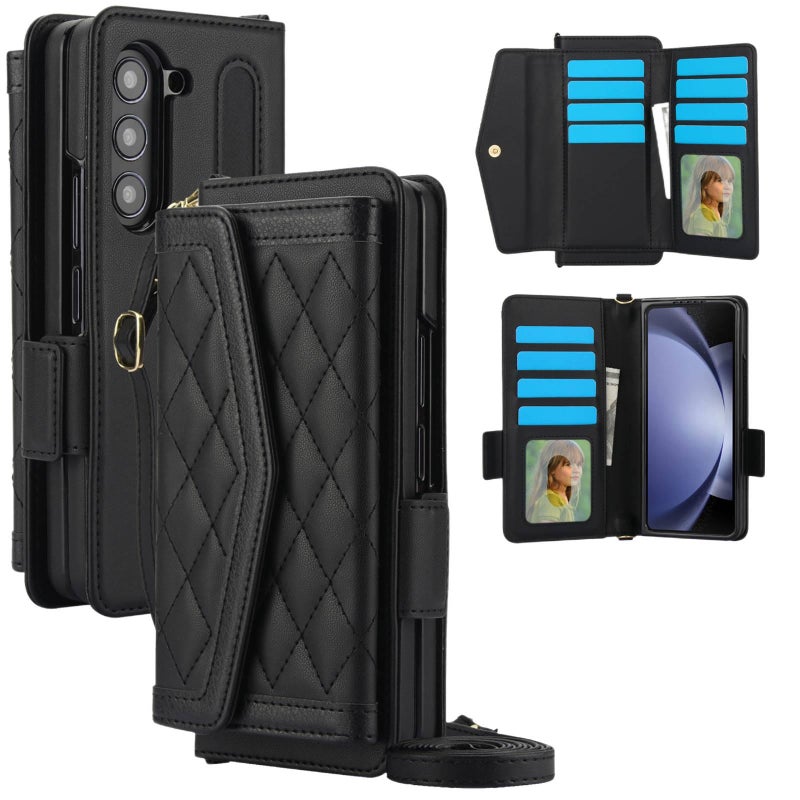 غطاء واقي بTPU لـ Samsung Galaxy Z Fold 7 مع فتحة قلم وحزام كتف متقاطع مع تصميم مخيط مع حامل بطاقات باللون أسود من مادة TPU للاستخدام العملي للحمل اليومي للاستخدام المتكرر - Image 1