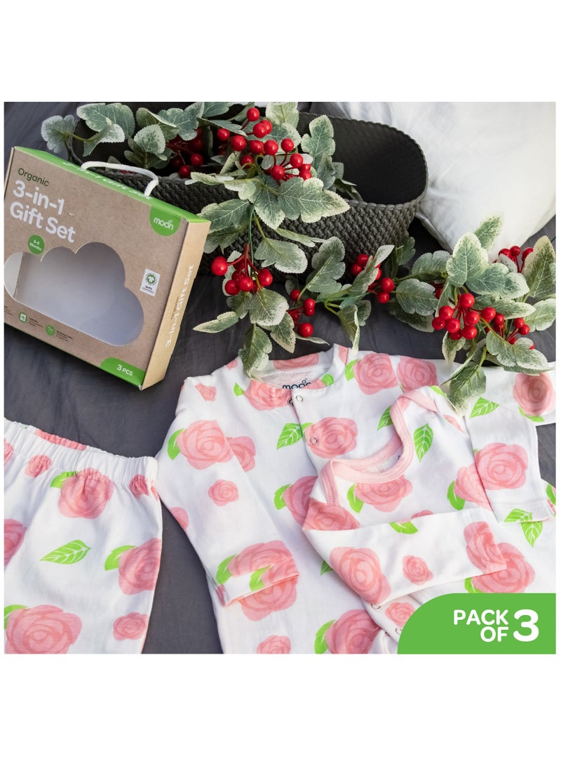 Moon Organic Baby 3 In 1 Gift Set Romper Body Suit Jogger For 0-3 Months Rose Print - Image 2
