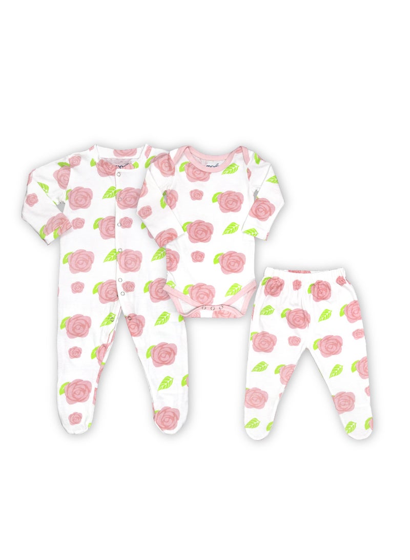 Moon Organic Baby 3 In 1 Gift Set Romper Body Suit Jogger For 0-3 Months Rose Print - Image 1