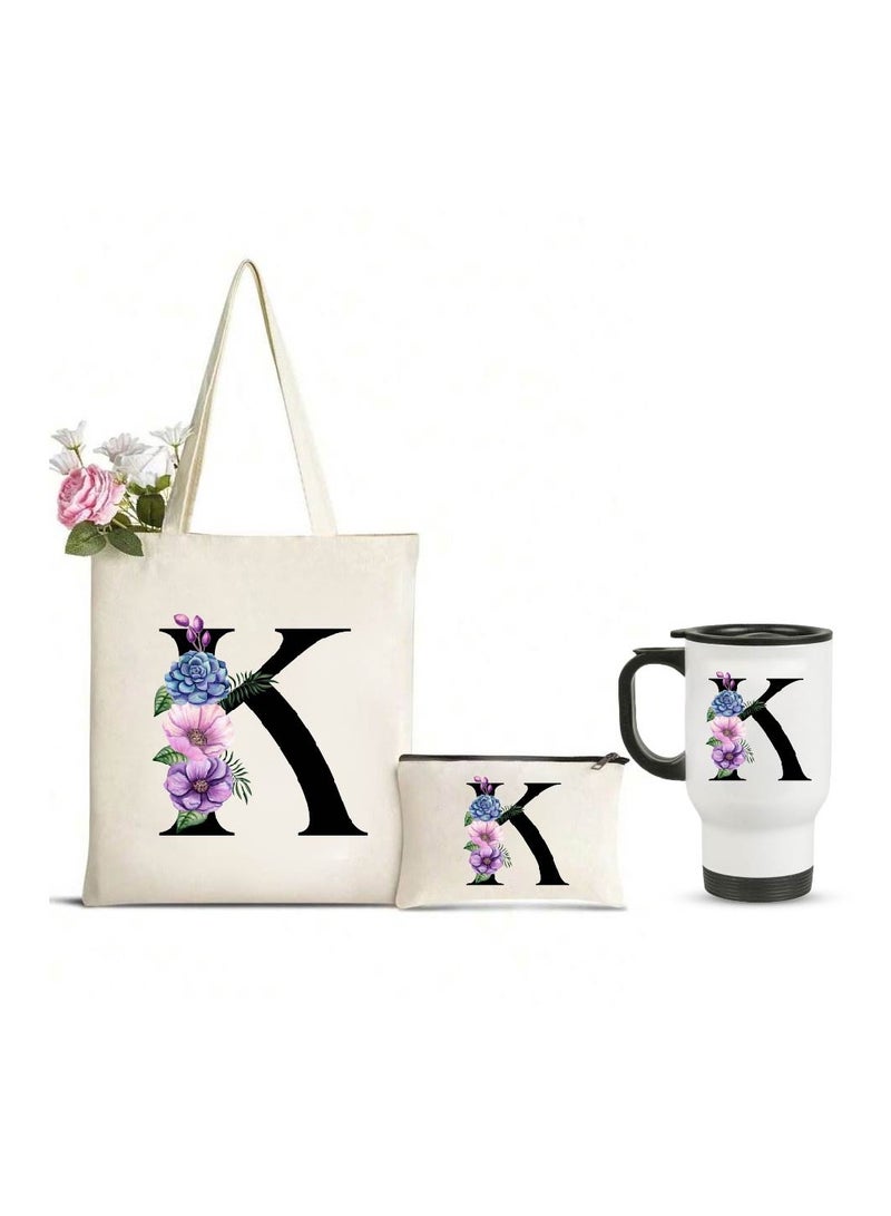 PRINTSHOP4ME Initial Letters Canvas Cotton Tote Bag, Cosmetic Pouch, and Stainless Steel Travel Mug - A Stylish Pack of 3 Combo Set for Girls - Gift for wedding - Gifts for girls - Gift for friends - Image 1