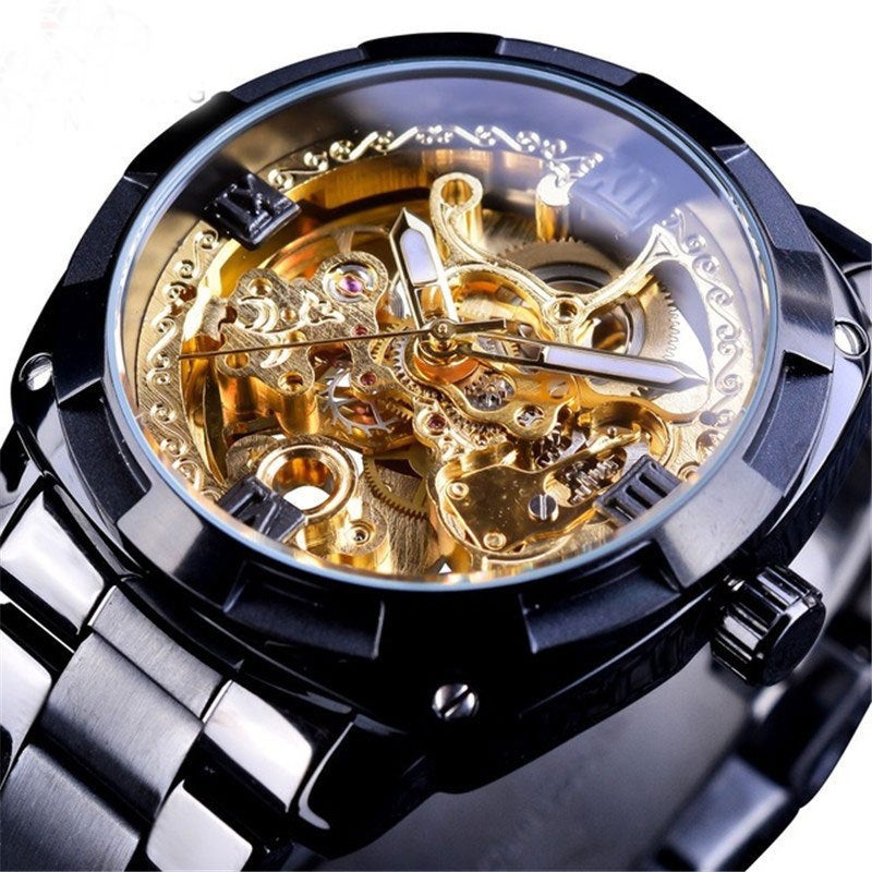 New Fashion Vintage Engraved Hollow-out Mens Luminous Waterproof Mechanical Watch Black Belt