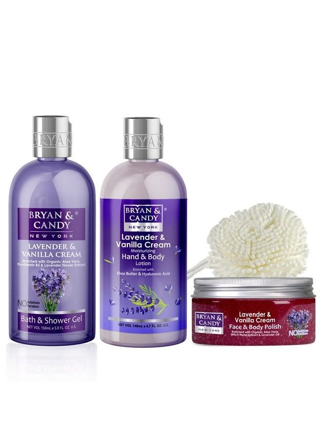 BRYAN & CANDY Lavender And Vanilla Cream Gift Set For Women And Men Combo Heart Kit Shower Gel Hand & Body Lotion Body Polish Loofah (Pack Of 3)  - Image 3
