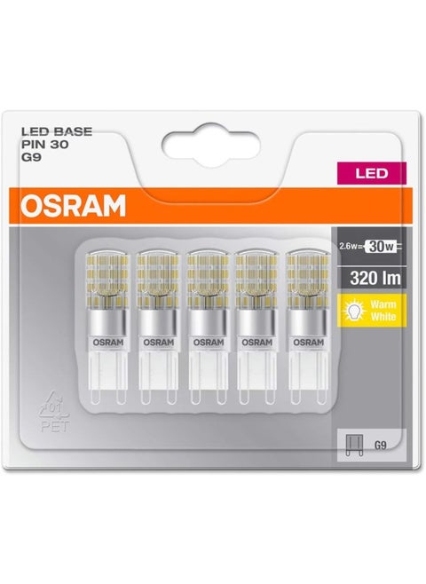 Osram LED Base Pin G9 lamp, G9, 2.60 W, Replacement for 30W, Clear, Warm White, 2700 K, Pack of 5