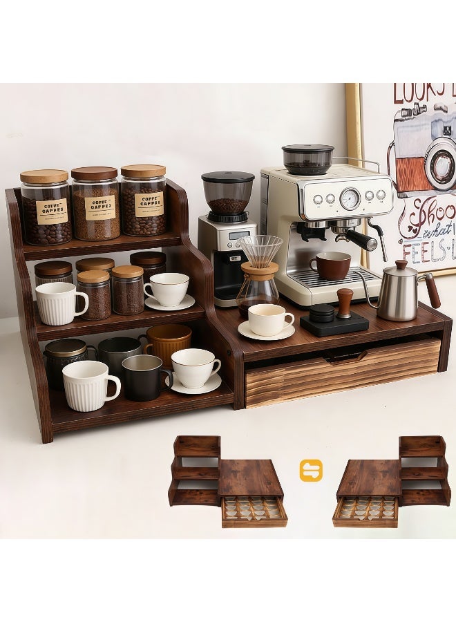 Coffee Station Organizer, 3-Tier Coffee Bar Station with Drawer for 28 Coffee Pods, Countertop Coffee Maker Stand with Side Shelf, Wood Coffee Pod Holder for Syrup & Stirrer, 21.89"W x 12.99"D x 8.74"H ﻿ - Image 1