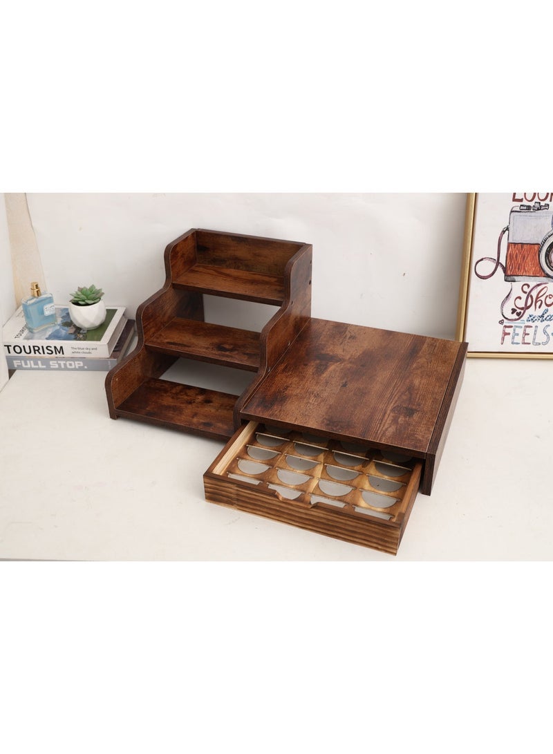 Coffee Station Organizer, 3-Tier Coffee Bar Station with Drawer for 28 Coffee Pods, Countertop Coffee Maker Stand with Side Shelf, Wood Coffee Pod Holder for Syrup & Stirrer, 21.89"W x 12.99"D x 8.74"H ﻿ - Image 2
