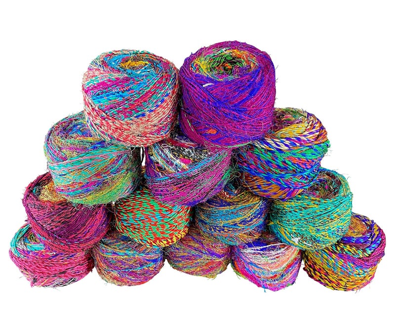 Revolution Fibers Recycled Sari Silk Yarn, Multi-Color Pure Silk, Made From Handspun Used Sari Fabric Ribbon Scraps, Rainbow for Knitting, Weaving & Crocheting - 100 Grams per Ball (2-Pack) - Image 5