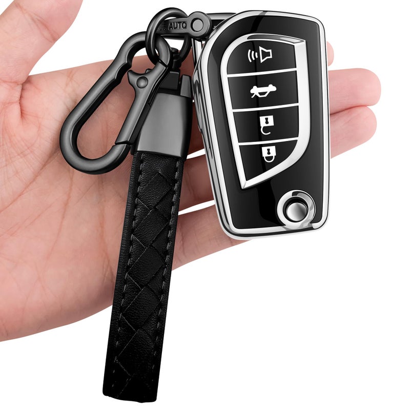Sindeda for Toyota Key Fob Cover with Keychain Soft Full Protection Key Shell Key Case Compatible with Fortuner Tundra Camry RAV4 Highlander Corolla 4 Buttons Silver