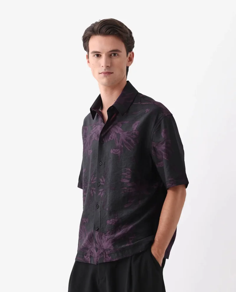 Rare Rabbit Rare Rabbit Men Nao Black Viscose Fabric Half Sleeve Collared Neck Button Closure Boxy Fit Abstract Print Shirt
