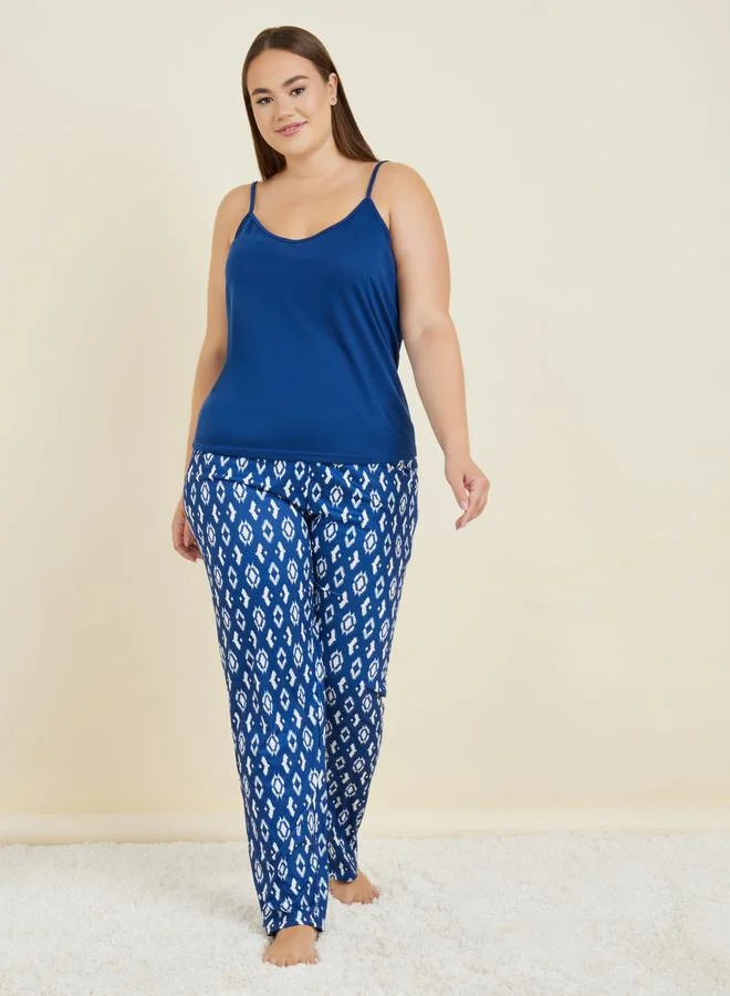 Styli Plus Solid Cami & Geo Print Pyjama Set