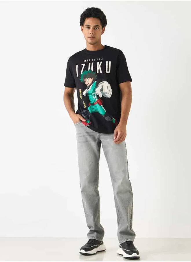 SP Characters Izuku Midoriya Print Crew Neck T-shirt with Short Sleeves