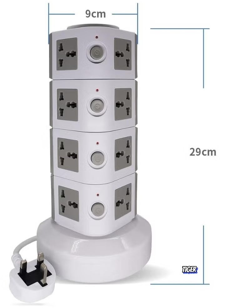 TIGER Universal Vertical Tower Power Strip – Multi-Socket (110V-250V) with 2 USB Ports, Electric Charging Station Surge Protector, 4 Layers, Suitable for Any Country – Ideal for Home, Office, Travel, and Electronics Charging  - Image 2