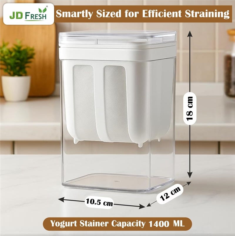 JD FRESH صانع الزبادي واللبن اليوناني 1400 مل / مصفاة شبكية دقيقة مع غطاء / صندوق مصفاة اللبن المعلق / فاصل مصل اللبن / أساسيات المنزل / لبن معلق / مثالي للزبادي المنزلي / لبن / جبن والمزيد - Image 2