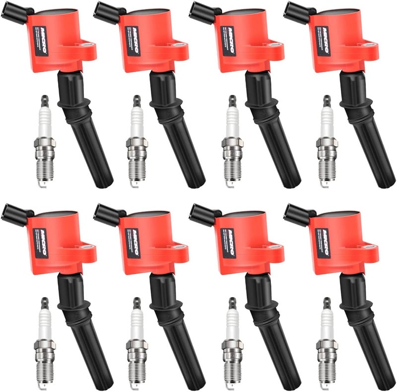 Micro Set of 8 Curved Boot Red Ignition Coil Pack DG508 & Iridium Spark Plugs SP479 for Ford Vehicles - Image 1