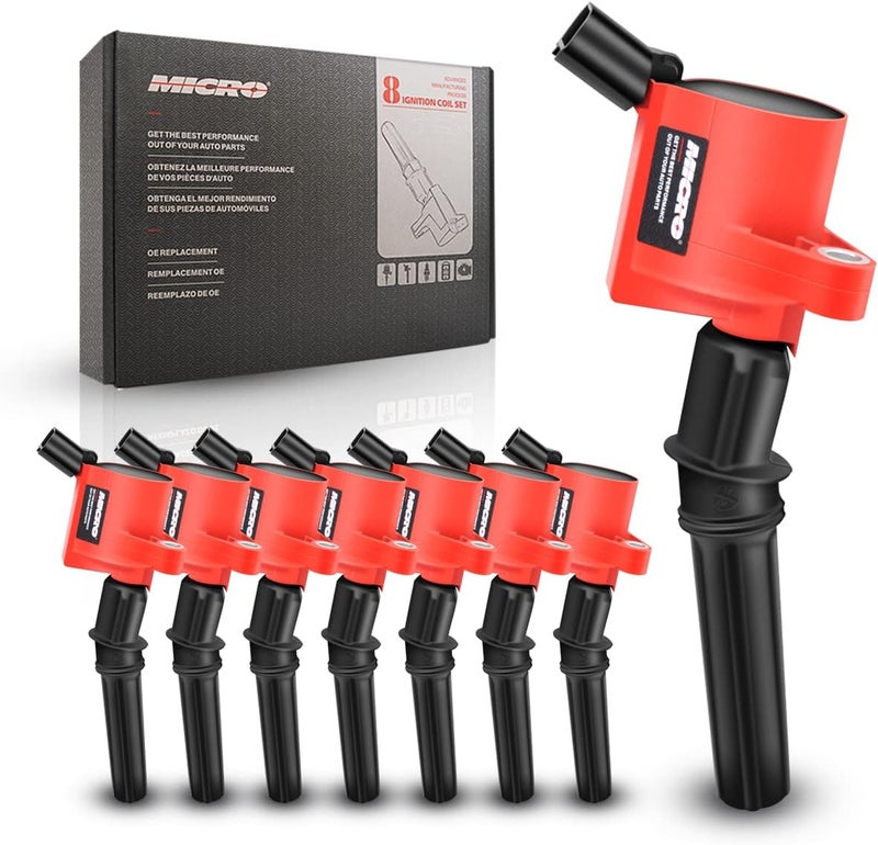 Micro Set of 8 Curved Boot Red Ignition Coil Pack DG508 & Iridium Spark Plugs SP479 for Ford Vehicles - Image 5