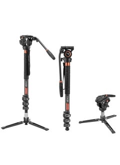 CF34 Carbon Fiber Camer Monopod Kit, 71 inch Professional Telescopic Video Monopods with Video Fluid Head and Folding Support Base for DSLR Video Cameras Camcorders, Plus 1 Extra Sliding Plate
