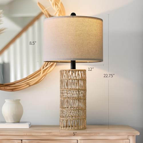 OYEARS 22.5" Boho Table Lamps Set of 2 for Living Room, Bedside Lamp for Nightstands, Rattan Lamp for Bedroom, Farmhouse Table Lamp for Room Decor, End Table, Retro, Brown（Not Include Bulbs） - Image 3