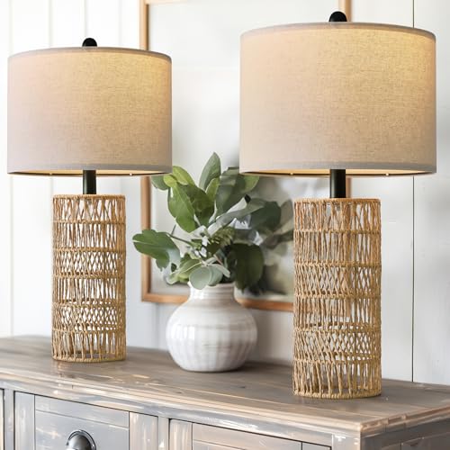 OYEARS 22.5" Boho Table Lamps Set of 2 for Living Room, Bedside Lamp for Nightstands, Rattan Lamp for Bedroom, Farmhouse Table Lamp for Room Decor, End Table, Retro, Brown（Not Include Bulbs） - Image 1