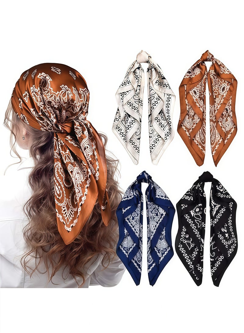 4PCS Satin Silk Head Scarves, Retro Cashew Print Small Square Scarf for Women's Decoration,Square Feeling Scarf Boho Hair Bandanas for Women Sleeping Headscarf Bundle(70 x 70cm) - Image 1
