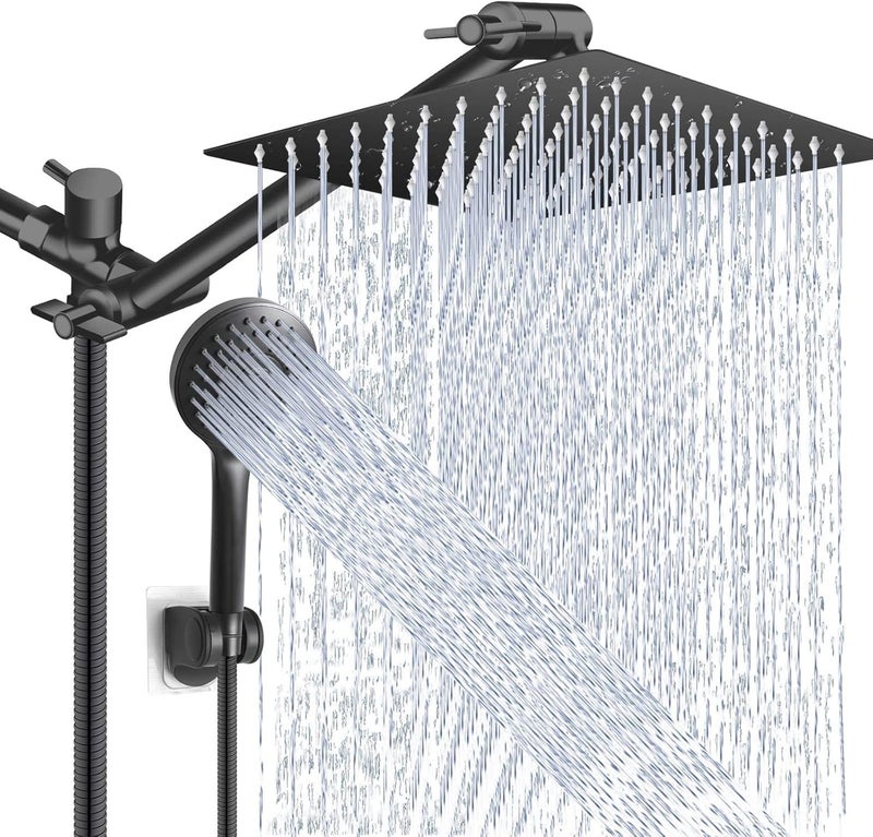 PinWin Shower Head Combo,10 Inch High Pressure Rain Shower Head with 11 Inch Adjustable Extension Arm and 5 Settings Handheld Powerful Shower Spray Against Low Pressure Water - Matte Black - Image 1