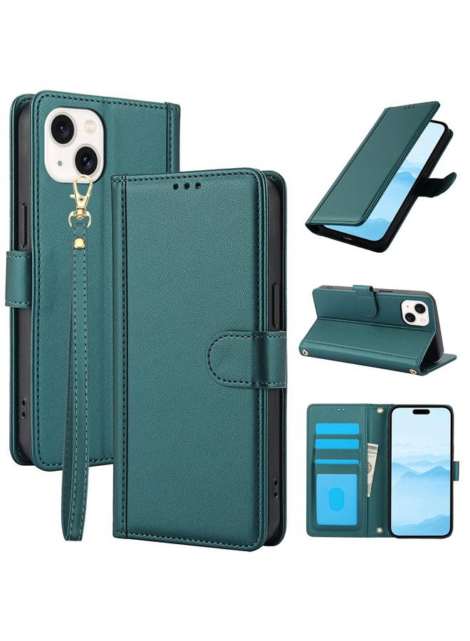 S-TOP Case For iPhone 15 Plus Skin Feel Pure Color Card Slots Leather Phone Case with Dual Lanyard - Image 1