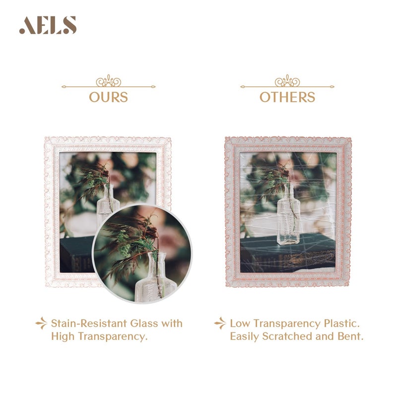 AELS 8x10 Inch Vintage Picture Frame, Elegant Antique Photo Frames with Glass Front, Photo Display, Tabletop Wall Hanging, Gift Ideas, White and Pink - Image 3
