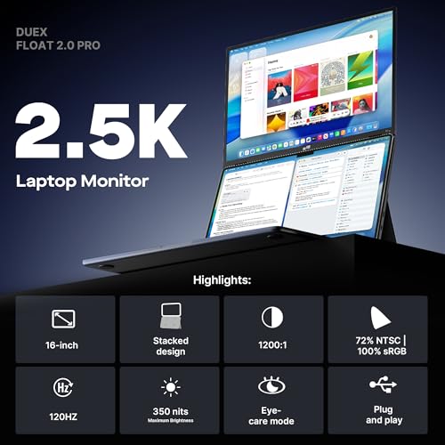 MP New Mobile Pixels Duex Float 2 Pro 2.5 K Portable Monitor, 16" Laptop Screen Extender (Built-in Kickstand), USB C/HDMI Stacked Monitor Extender with Dual Speakers, Windows, MacOS, Switch, Android - Image 3