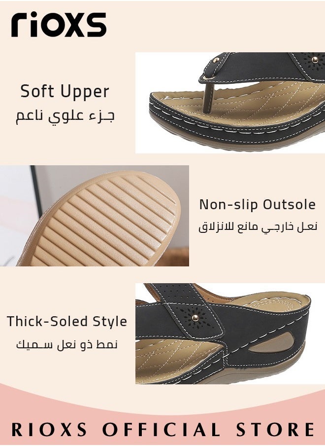 RIOXS Women's Wedge Sandals, Fashion Thong Sandals for Women, Casual Arch Support Slip Ons, Fashion Wedge Flip Flops for Ladies, Comfort Breathable Summer Beach Slippers, Non-slip Platform Sandals, Bathroom Waterproof Leather Shoes, Ladys Flip-Flop for Indoor or Outdoor Use, Black Wedge Slippers - Image 2