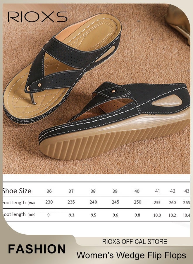 RIOXS Women's Wedge Sandals, Fashion Thong Sandals for Women, Casual Arch Support Slip Ons, Fashion Wedge Flip Flops for Ladies, Comfort Breathable Summer Beach Slippers, Non-slip Platform Sandals, Bathroom Waterproof Leather Shoes, Ladys Flip-Flop for Indoor or Outdoor Use, Black Wedge Slippers - Image 5