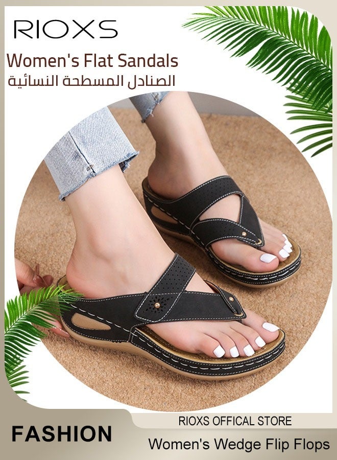 RIOXS Women's Wedge Sandals, Fashion Thong Sandals for Women, Casual Arch Support Slip Ons, Fashion Wedge Flip Flops for Ladies, Comfort Breathable Summer Beach Slippers, Non-slip Platform Sandals, Bathroom Waterproof Leather Shoes, Ladys Flip-Flop for Indoor or Outdoor Use, Black Wedge Slippers - Image 4