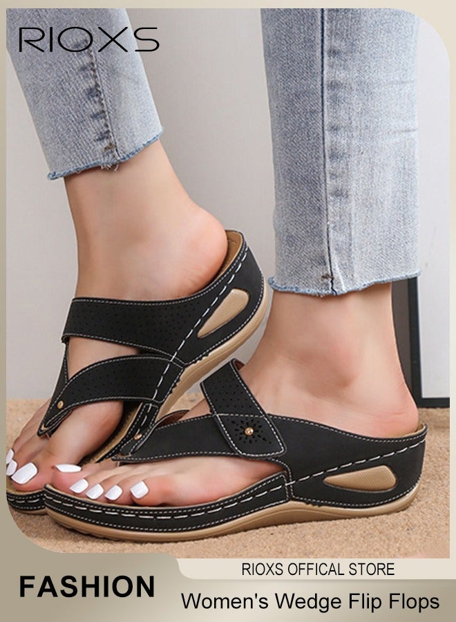 RIOXS Women's Wedge Sandals, Fashion Thong Sandals for Women, Casual Arch Support Slip Ons, Fashion Wedge Flip Flops for Ladies, Comfort Breathable Summer Beach Slippers, Non-slip Platform Sandals, Bathroom Waterproof Leather Shoes, Ladys Flip-Flop for Indoor or Outdoor Use, Black Wedge Slippers - Image 3