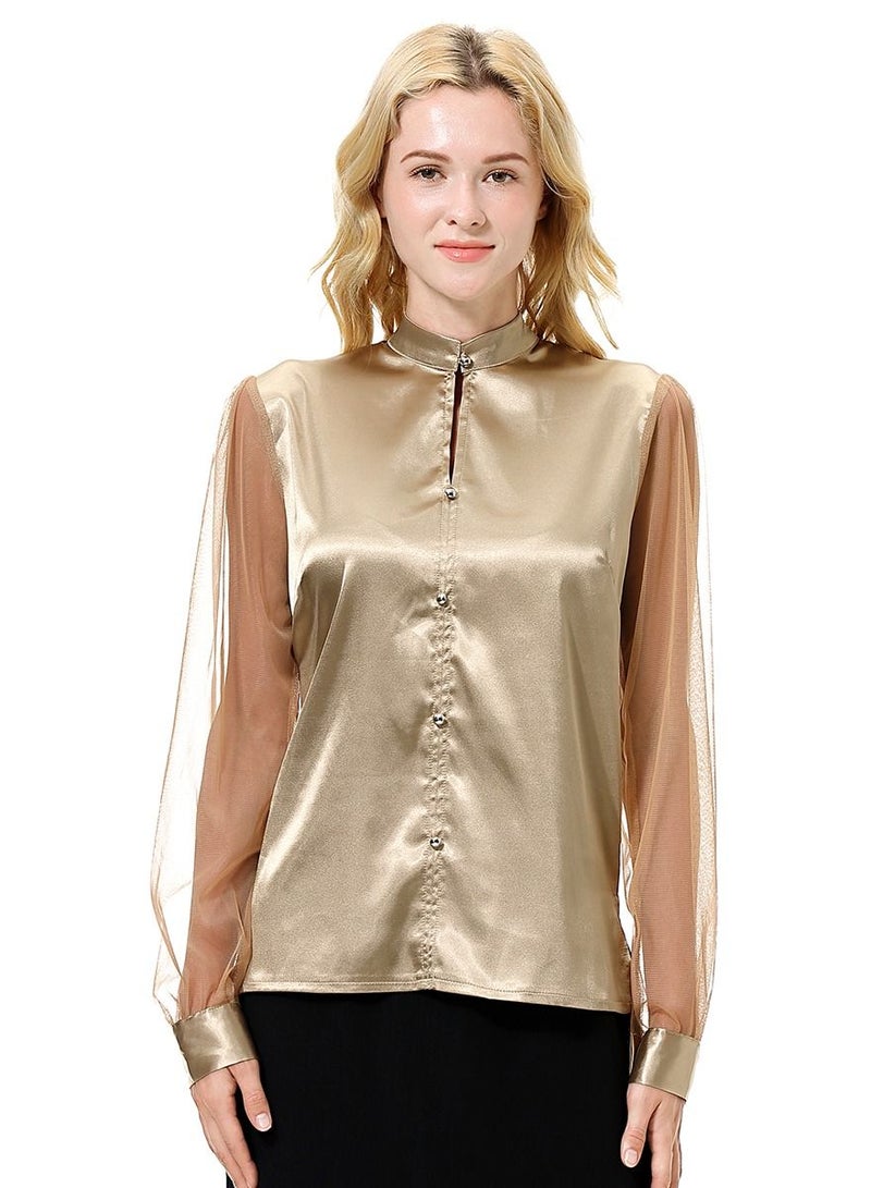 إسكدنيا Women's Solid Color Imitated Silk Fabric Long Sleeve Blouse Shirt Gold  - Image 1