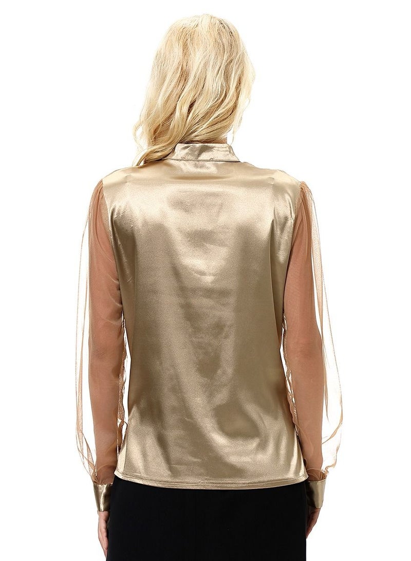 إسكدنيا Women's Solid Color Imitated Silk Fabric Long Sleeve Blouse Shirt Gold  - Image 3